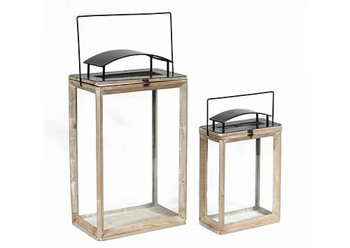 Immagine e commerce Serie 2 lanterne legno naturale rettangolari tetto curvo alte 52 84 cm