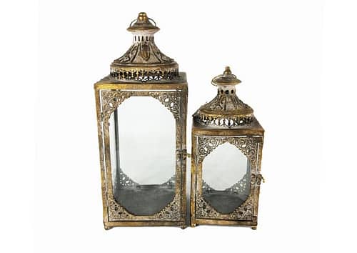 Immagine e commerce Serie 2 lanterne metallo oro damscato quadrate alte 36 e 45 cm