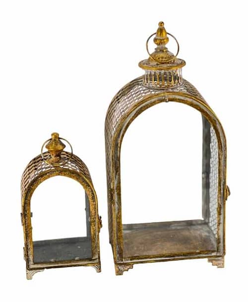 Immagine e commerce Serie 2 lanterne metallo traforato oro forma arco alte 26-43 cm