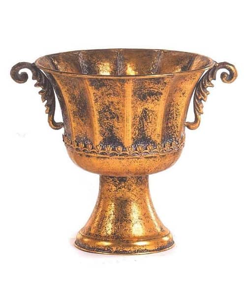 Immagine e commerce Coppa metallo dorato anticato con vaso a coste e manici arricciati cm 36x26 h27
