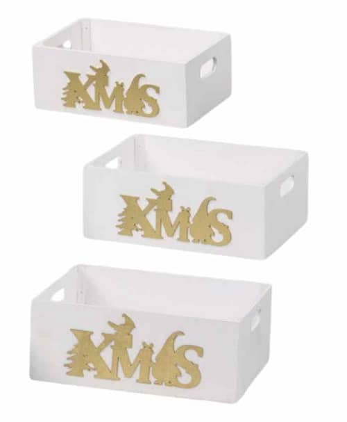 Immagine-e-commerce-Cesti confezionamento Set 3 cassette legno Bianco scritta XMAS cm Gr 38x28 h 15 Md 32x22 h13 Picc 28x18 h 11