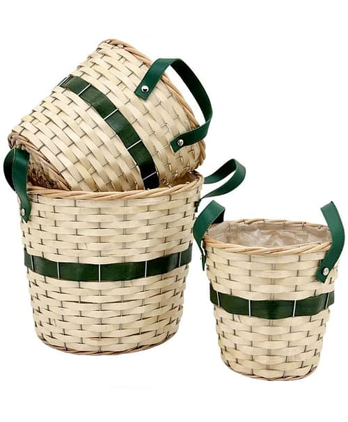 Immagine-e-commerce-Serie 3 cesti vimini portavasi colore chiaro con banda e manici verdi diametro 19-23-28 cm