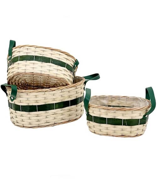 Immagine-e-commerce-Serire 3 Ceste ovali realizzate con fascette in legno con manici verdi ecopelle lunghezza 25-29-33 cm