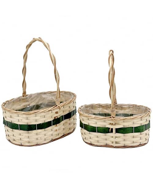 Immagine-e-commerce-Serie 2 Ceste ovali vimini chiaro fascetta verde manico legno lunghezza 28-33 cm