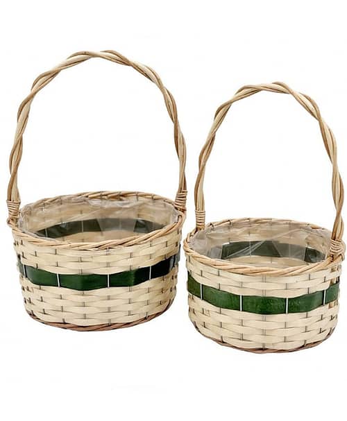 Immagine-e-commerce-Serie 2 Ceste tonde vimini chiaro fascetta verde manico legno diametro 24-28 cm