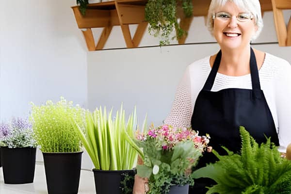 Fiorista con tanti vasi con composizioni fiori