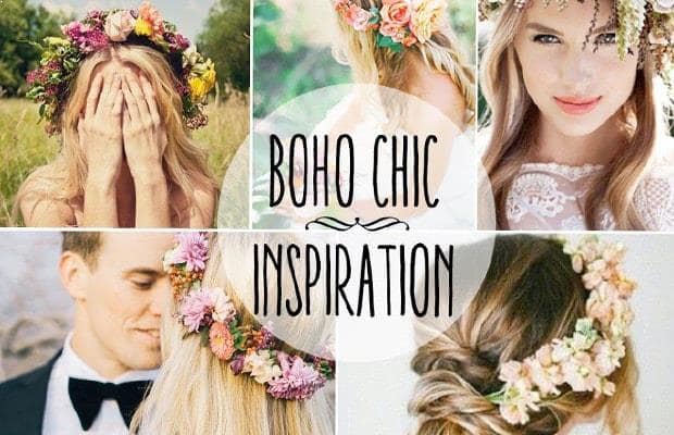 Foto su matrimonio in stile boho chic e foto su come accociare i capelli con coroncine di fiori freschi