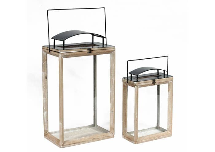 Immagine e commerce Serie 2 lanterne legno naturale rettangolari tetto curvo alte 52 84 cm