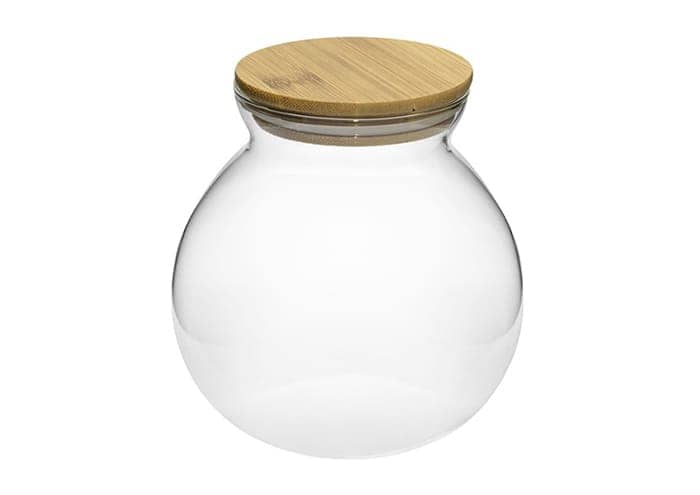 Immagine e commerce Barattolo vetro forma sfera orlo aperto coperchio legno e guarnizione cm 15 h16