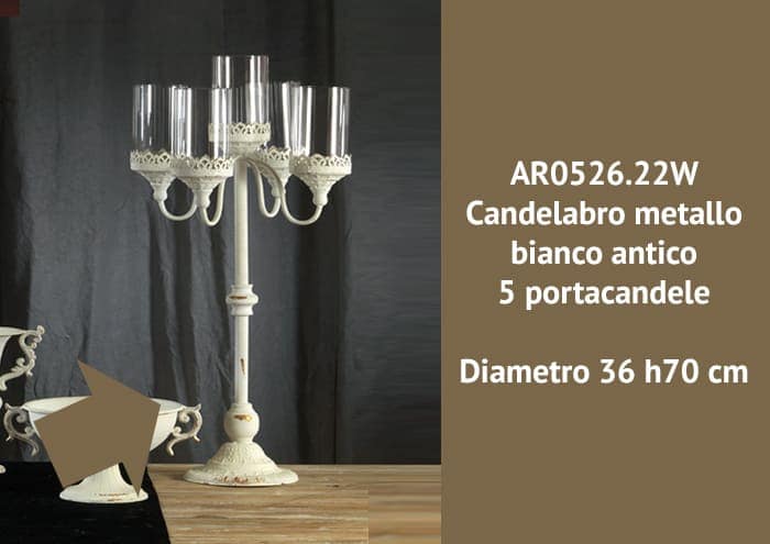 Candelabro metallo bianco antico alto cm 70 con 5 portacandele