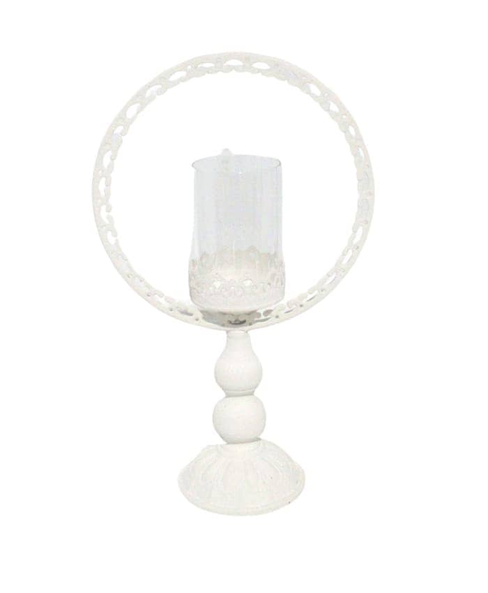 Immagine e commerce Candeliere metallo bianco cerchio decorativo parafiamma vetro cm 34x12 h51