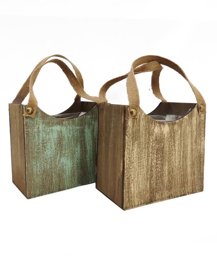 Immagine e commerce Cassetta legno vintage colori verde marrone forma borsetta manici juta cm 24x13 h12