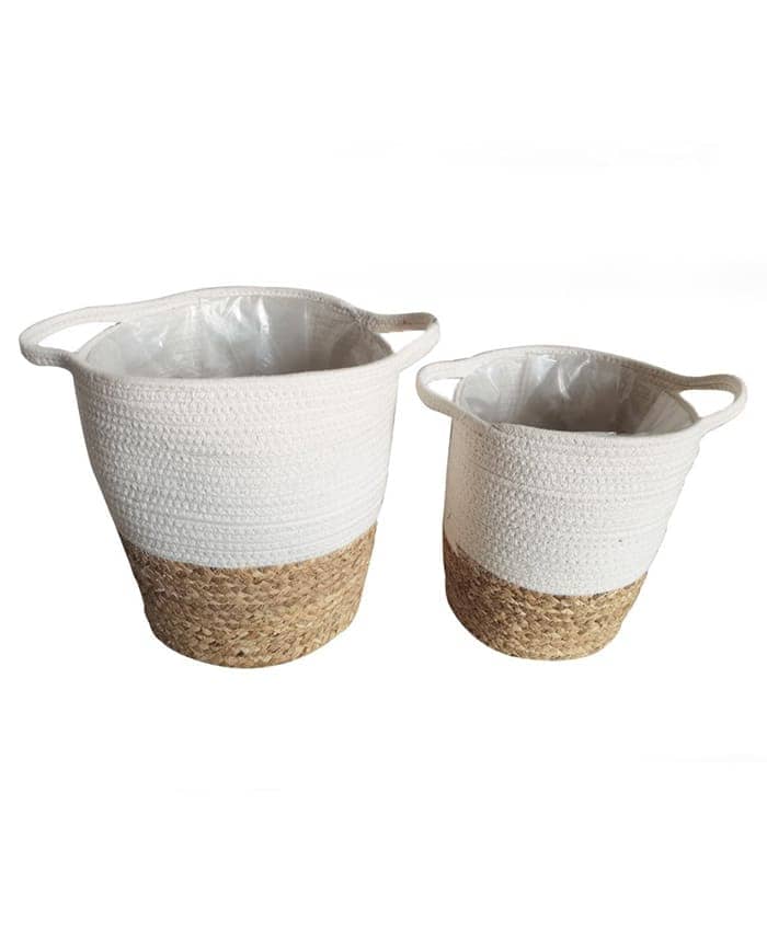 Immagine e commerce Serie 2 cesti tessuto bianco fibre mais con manici diametro cm 25-30