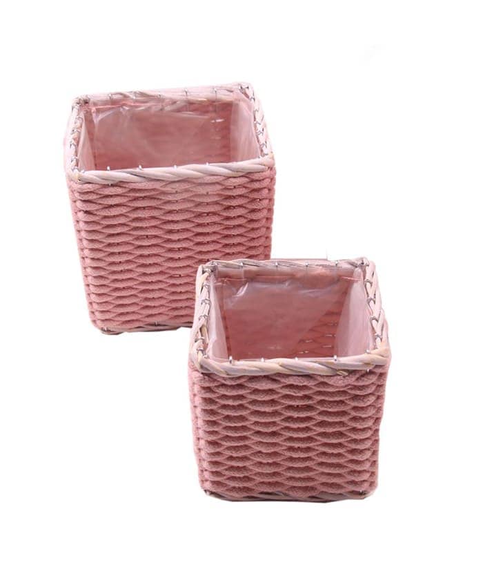 Immagine e commerce Serie 2 cachepot quadrati vimini e tessuto color pesca per piante 12-15 cm