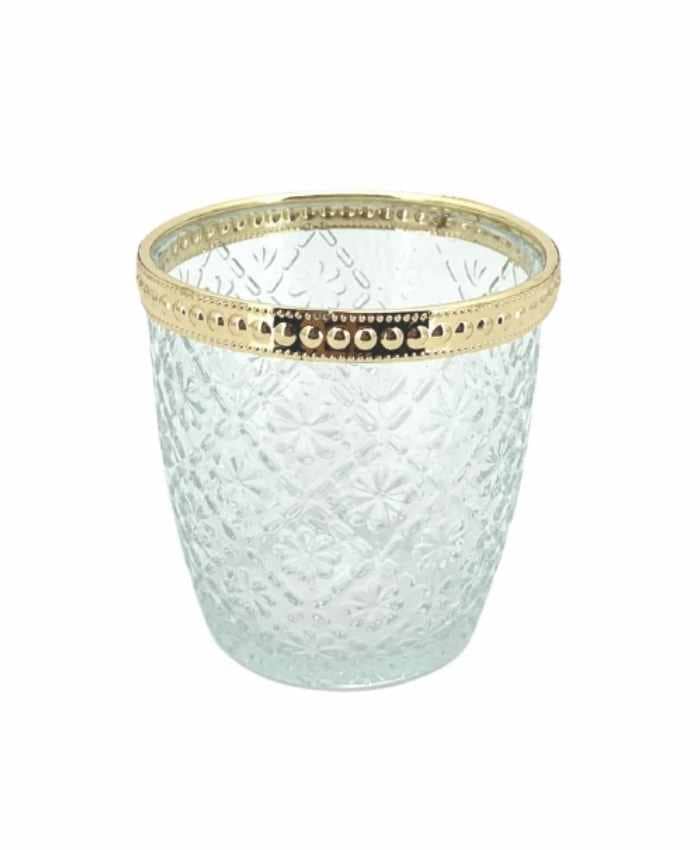 Immagine e commerce Bicchierino portacandele vetro trasparente lavorato bordo oro cm 7 h7