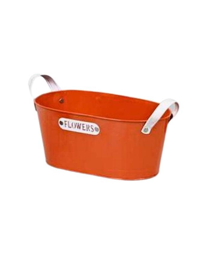 Immagine e commerce Ovale in latta per 2 piante vaso 14 cm con manici ecopelle e targhetta Flowers- color arancio