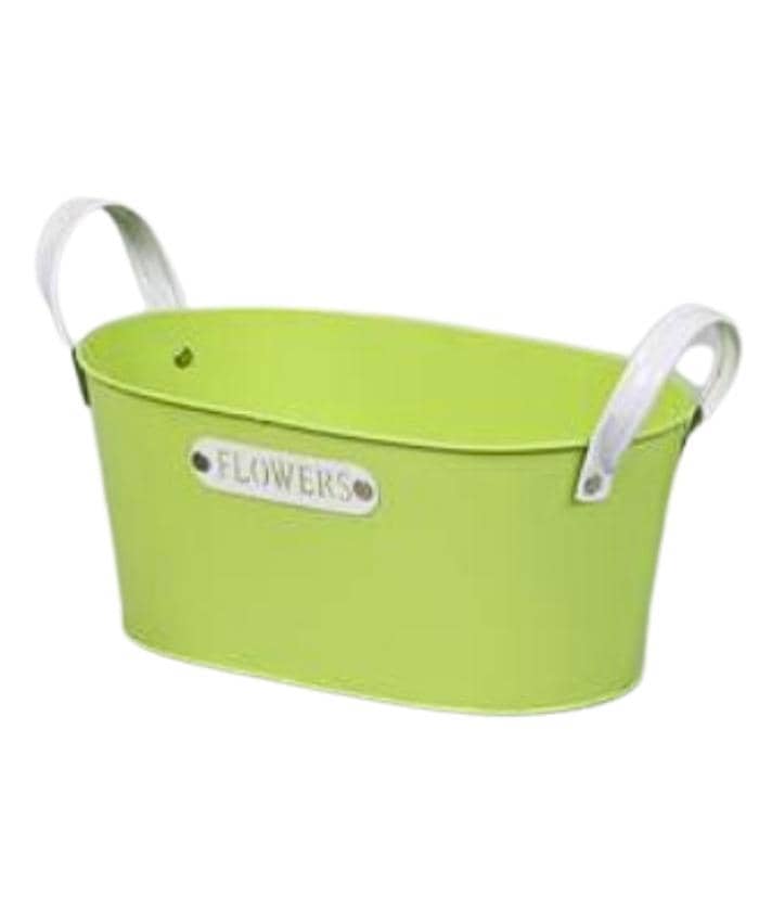 Immagine e commerce Ovale in latta per 2 piante vaso 14 cm con manici ecopelle e targhetta Flowers- colore verde mela
