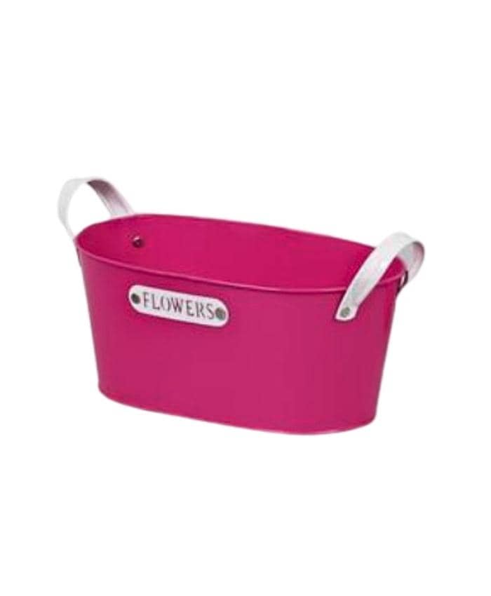 Immagine e commerce Ovale in latta per 2 piante vaso 14 cm con manici ecopelle e targhetta Flowers- color ciclamino