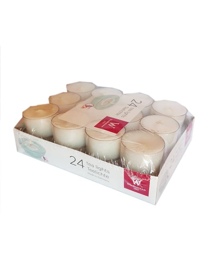Candele tealight in pvc trasparente durata 8 ore confezione 24 pz