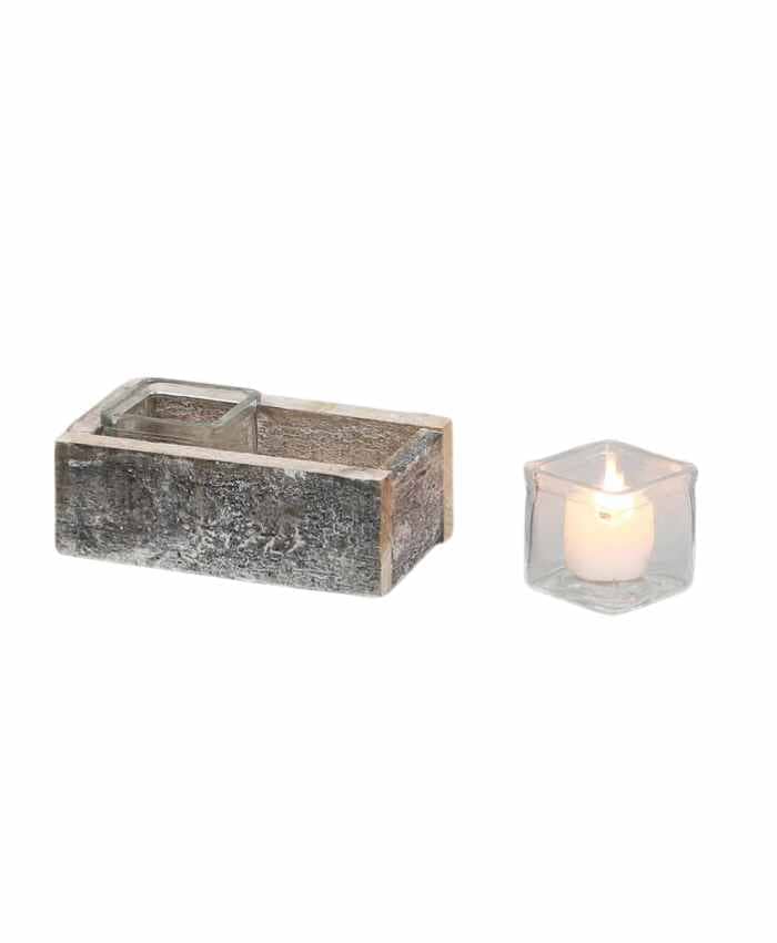 Immagine e commerce Cesto rettangolare in legno con 2 porta tealight largo 17 cm