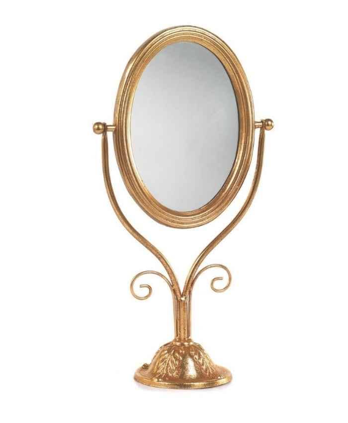 Immagine e commerce Specchio ovale da tavolo in metallo dorato con piedistallo lavorato alto 44 cm