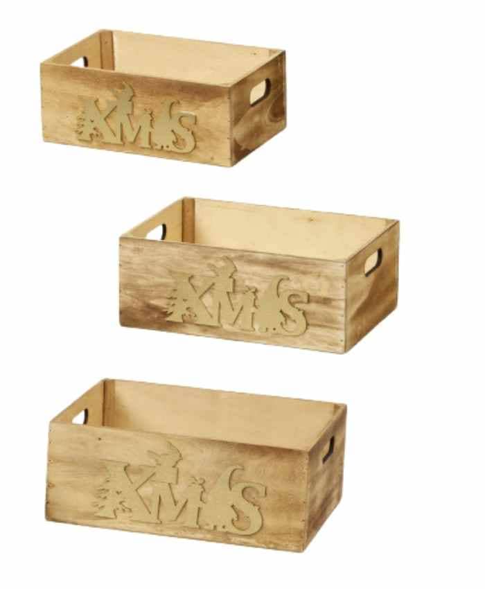 Immagine-e-commerce-Cesti confezionamento Set 3 cassette legno Naturale scritta XMAS cm Gr 38x28 h 15 Md 32x22 h13 Picc 28x18 h 11