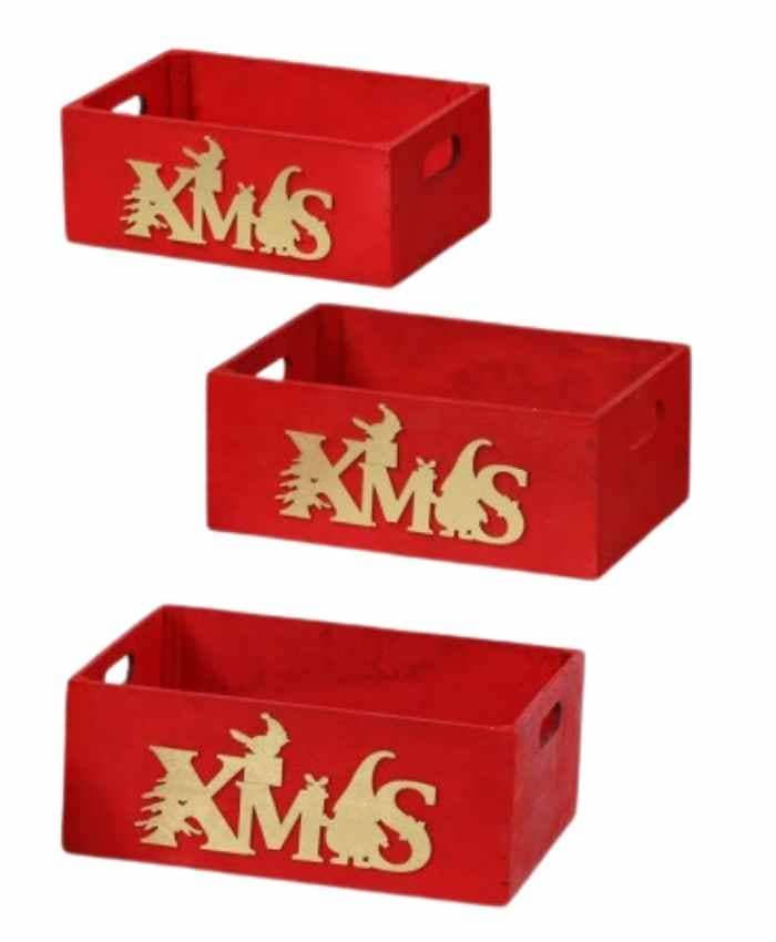 Immagine-e-commerce-Cesti confezionamento Set 3 cassette legno Rosso scritta XMAS cm Gr 38x28 h 15 Md 32x22 h13 Picc 28x18 h 11
