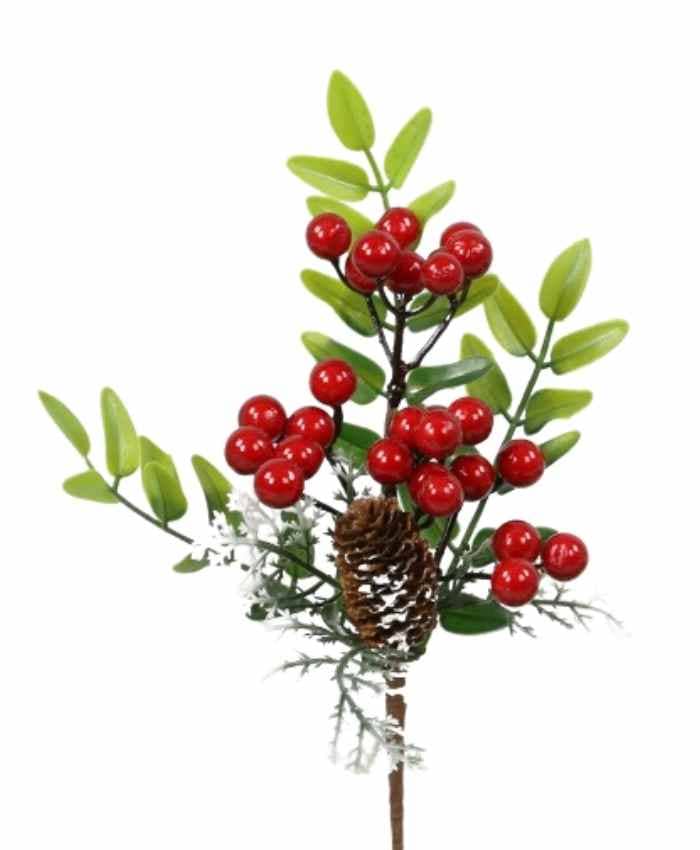 Immagine-e-commerce-Chiudi Pacco natalizio con pigne foglie innevate e Bacche Rosse cm 14x8 h 24