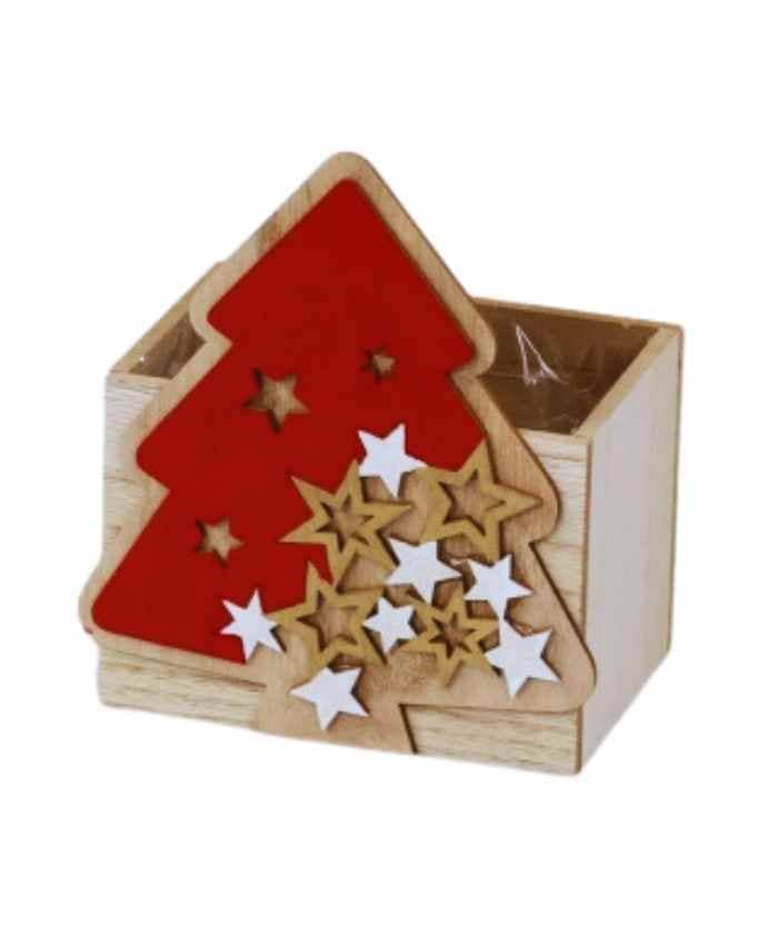 Immagine-e-commerce-Cesto confezione contenitore in legno sagoma Albero con Stelline cm 13x9 h 15