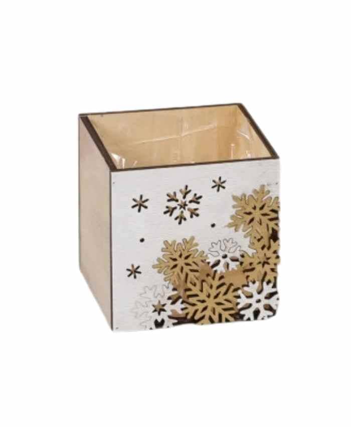 Immagine-e-commerce-Cesto confezione contenitore in legno quadrato Bianco con Fiocchi Neve cm 10x10 h 10