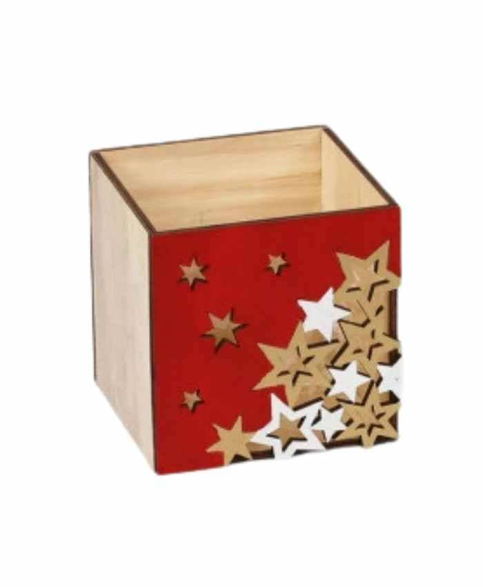 Immagine-e-commerce-Cesto confezione contenitore in legno quadrato Rosso con Stelle cm 12x12 h 12