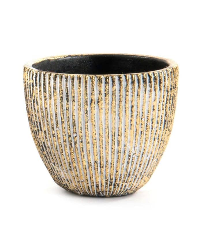 Immagine-e-commerce-Porta vaso cemento forma svasata decoro righe colore oro nero cm 14 h12