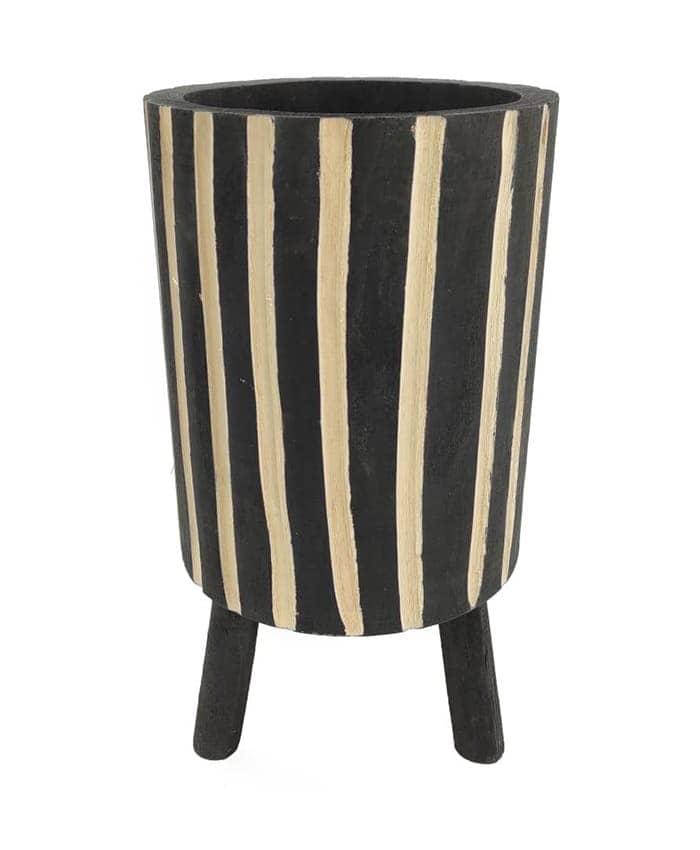 Immagine-e-commerce-Porta vasi in legno scuro forma svasata con righe bianche e piedini cm 23 h44
