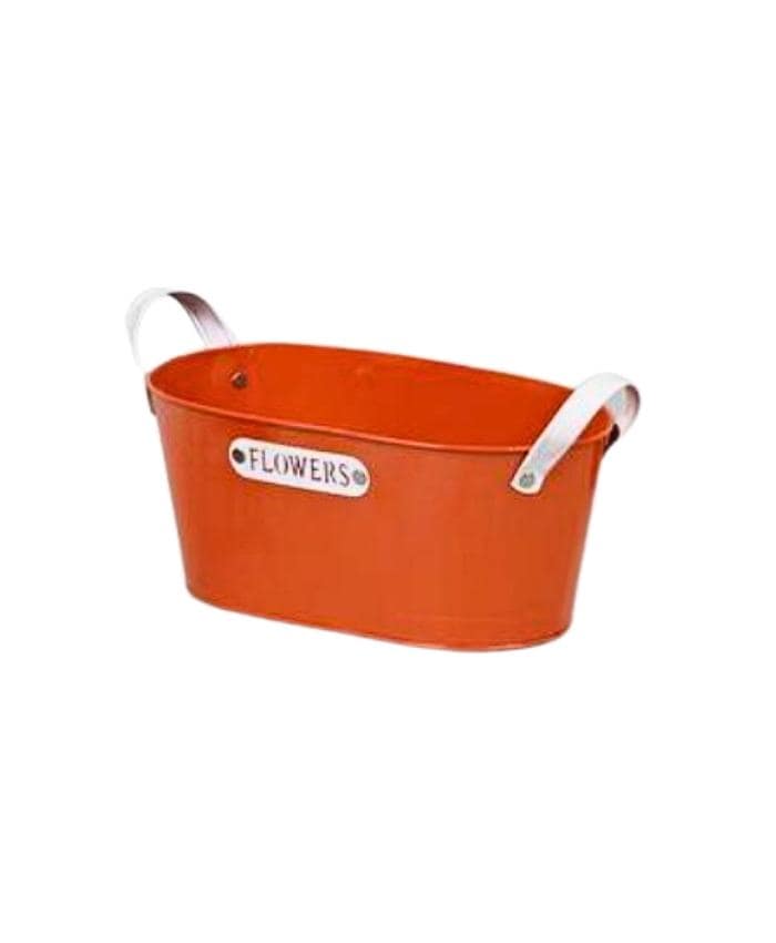 Immagine e commerce Ovale in latta per 2 piante vaso 12 cm con manici ecopelle e targhetta Flowers- color arancio