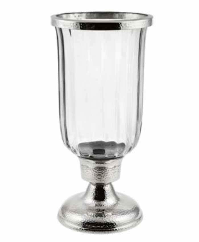 Immagine e commerce Portacandele vetro baccellato base metallo argentato martellato cm 20 h40