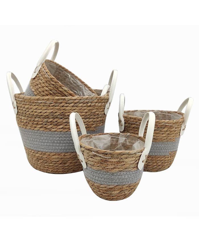 Immagine e commerce Serie 4 cesti tessuto grigio fibre mais manici ecopelle diametro cm 20-22-25-27