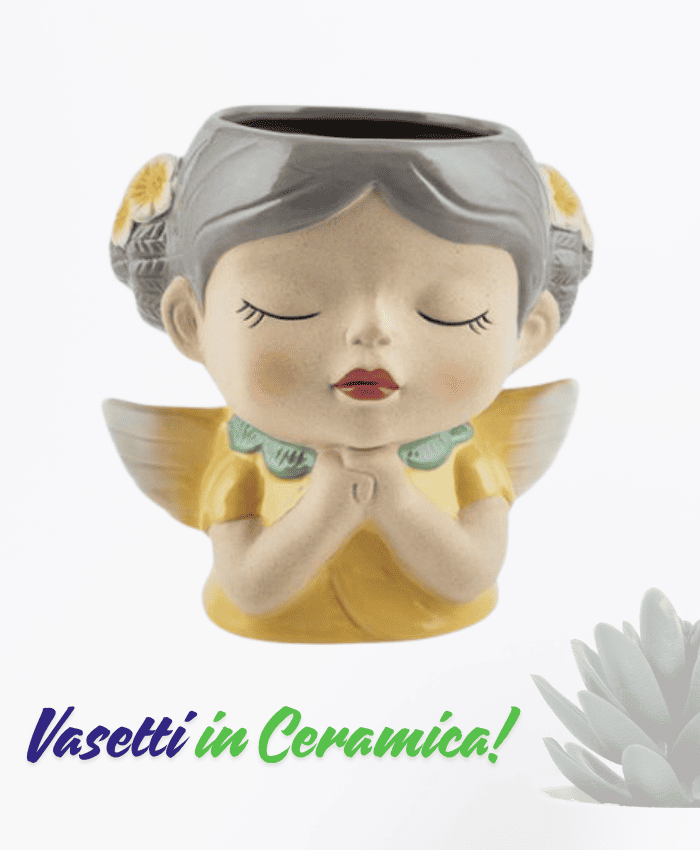 Immagine e commerce Vaso testa fatina con mani giunte veste gialla altezza 15 cm