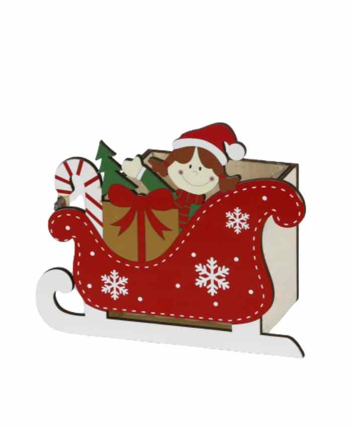Immagine e commerce Cesto confezione in legno slitta con elfo rossa cm 18x10 h 15