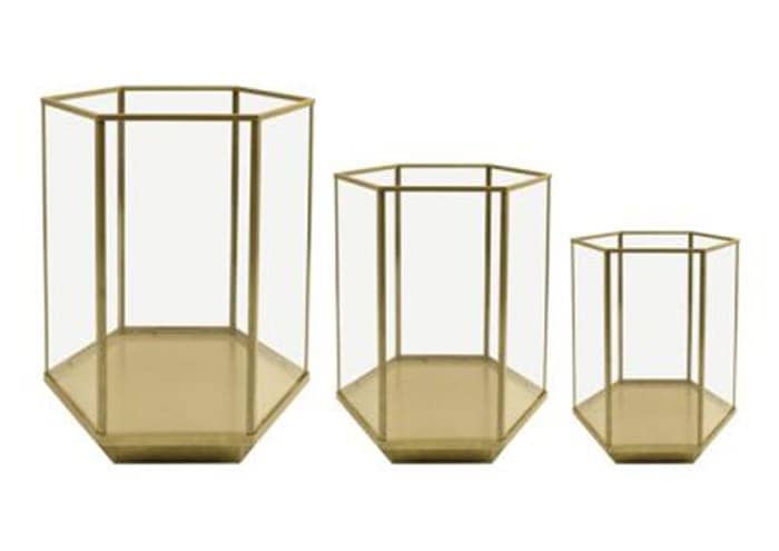 Immagine e commerce Set 3 terrari piante vetro metallo forma esagonale alti da 34 a 54 cm