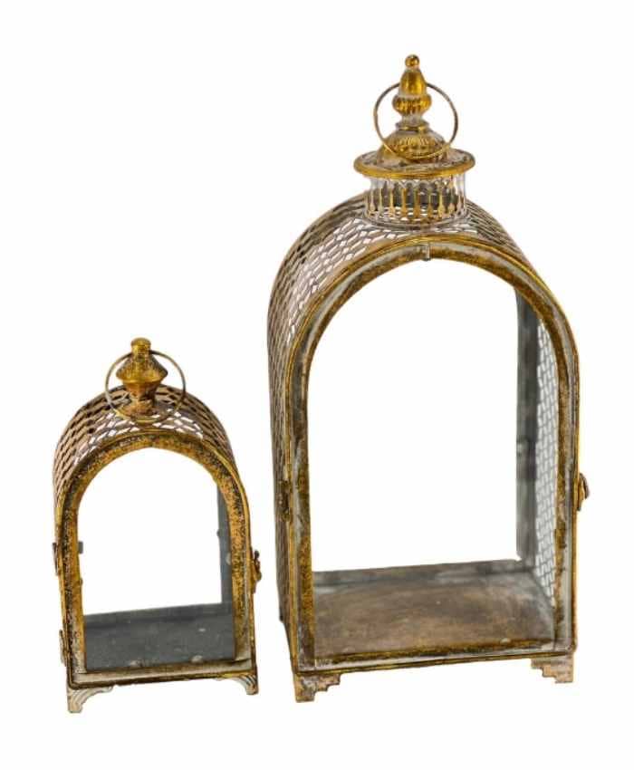 Immagine e commerce Serie 2 lanterne metallo traforato oro forma arco alte 26-43 cm