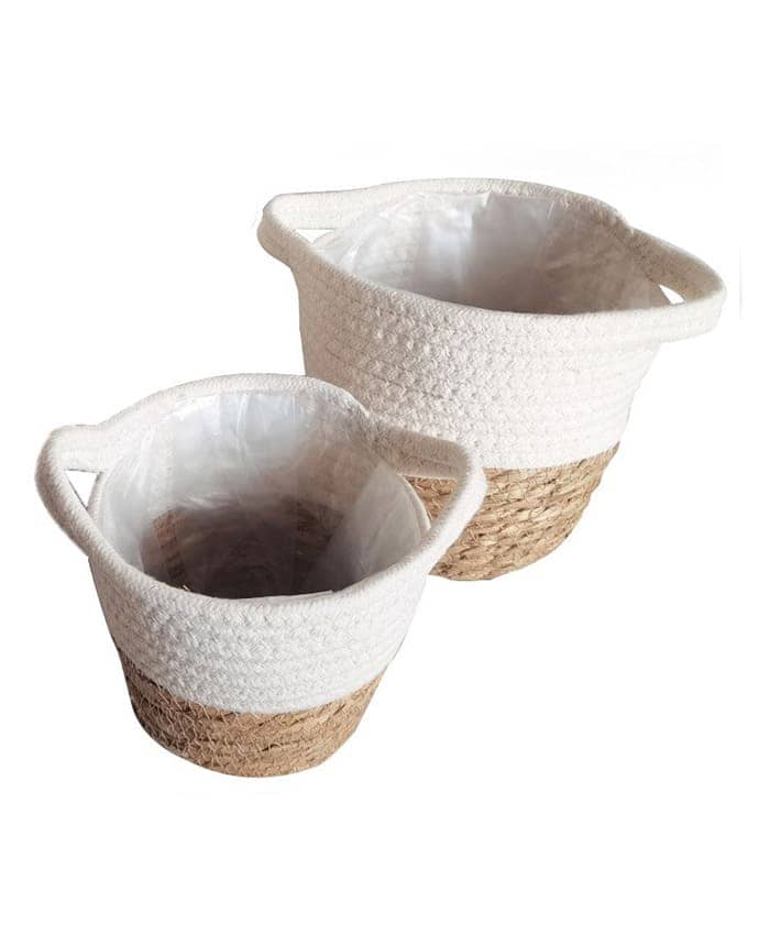 Immagine e commerce Serie 2 cesti tessuto bianco fibre mais con manici diametro cm 20-23