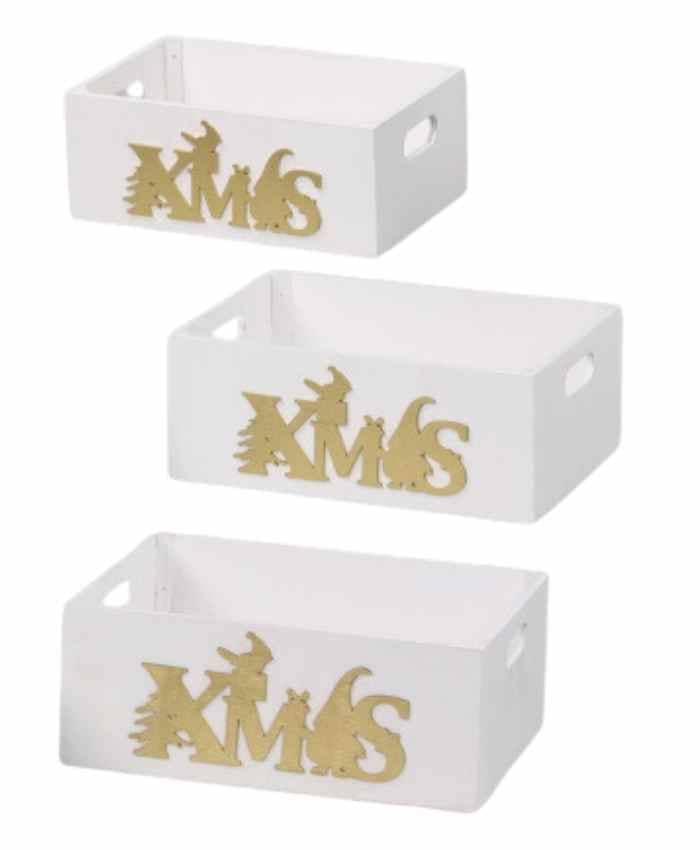 Immagine-e-commerce-Cesti confezionamento Set 3 cassette legno Bianco scritta XMAS cm Gr 38x28 h 15 Md 32x22 h13 Picc 28x18 h 11