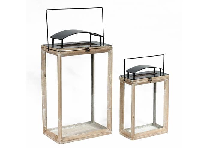 Immagine e commerce Serie 2 lanterne legno naturale rettangolari tetto curvo alte 52 84 cm