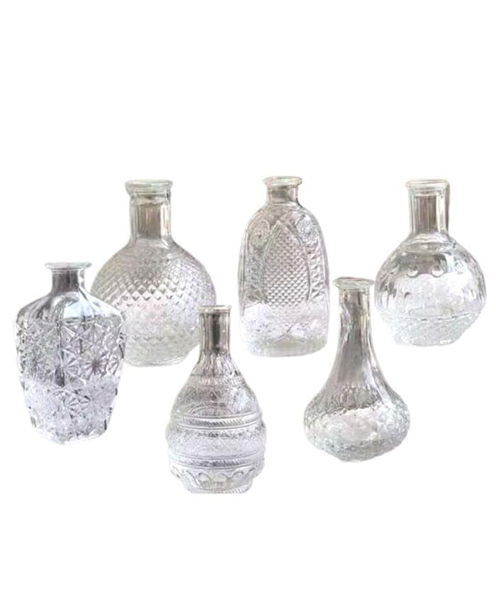 Serie 6 bottigliette monofiore vetro trasparente forme cilindrica h23 cm