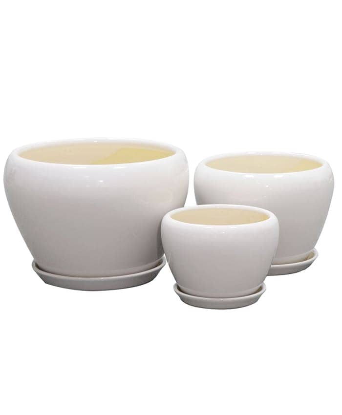 Serie 3 vasi da interno ceramica bianca bombati orlo chiuso sottovaso cm  16-21-26