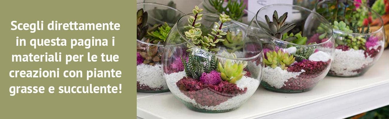 Slide pagina consigli fioristi Composizione piante grasse vetro con materiali naturali