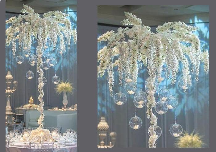 Albero in ferro altezza cm 200 diametro 140 cm con fiori bianchi e sfere porta tealight