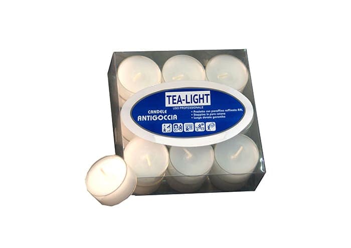 Candele tealight in plastica trasparente durata 4 ore confezione 18 pz