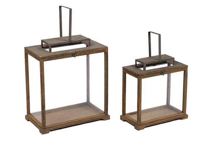 Immagine e commerce Serie 2 Lanterne legno metallo rettangolari design lineare alte 36 e 51 cm