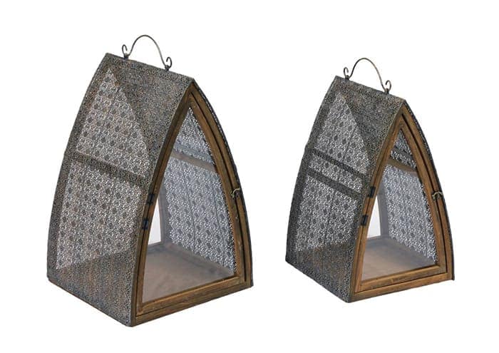 Immagine e commerce Serie 2 lanterne metallo traforato triangolari marroni alte 52-60 cm